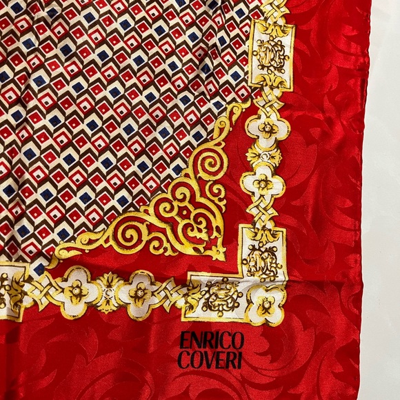 Accessories - Enrico Coveri Large Red Square Patterned Silk Scarf - Italy